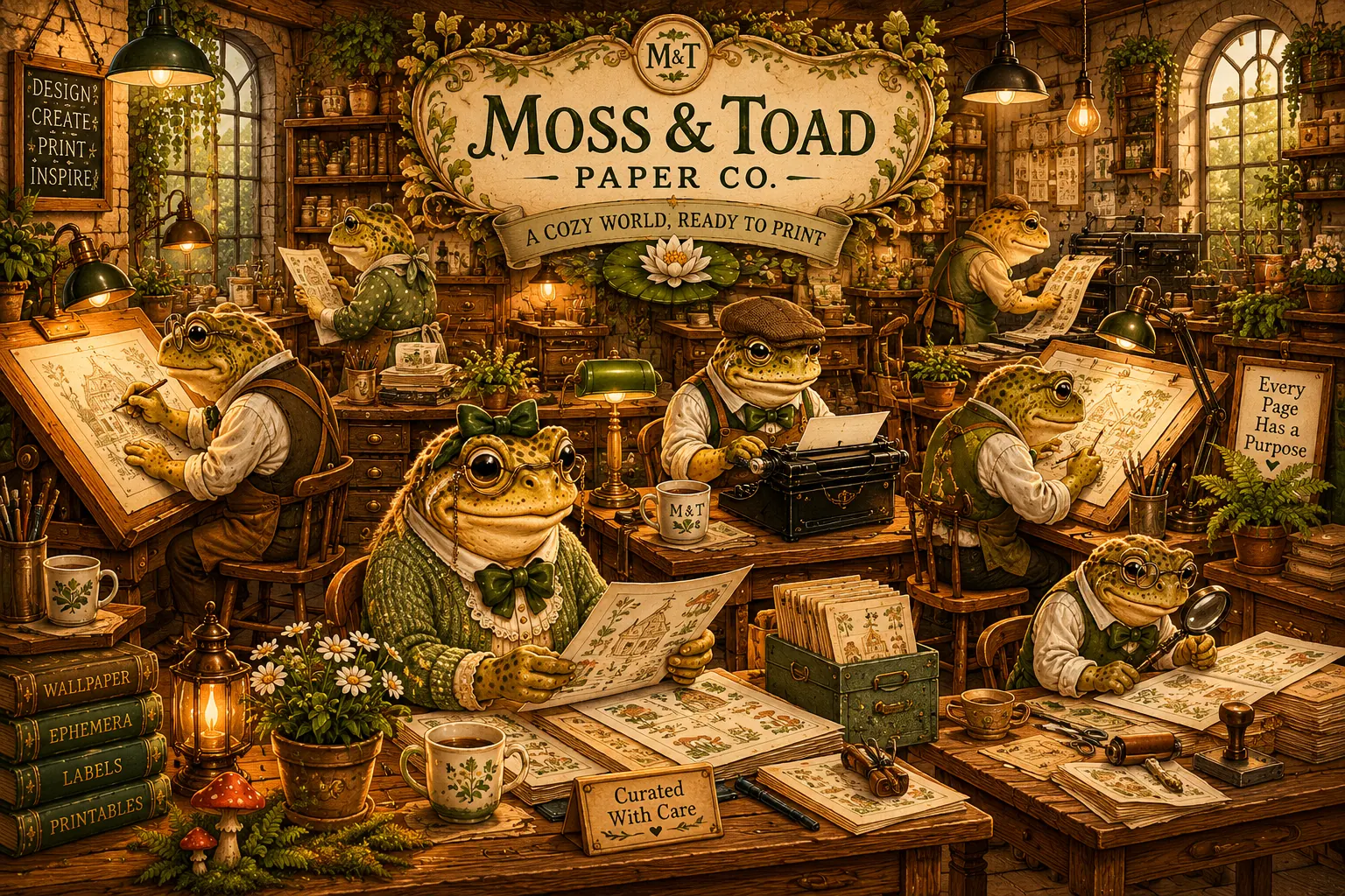 The Moss & Toad paper workshop: illustrated toads drawing, printing and sorting paper under the Moss & Toad Paper Co. sign